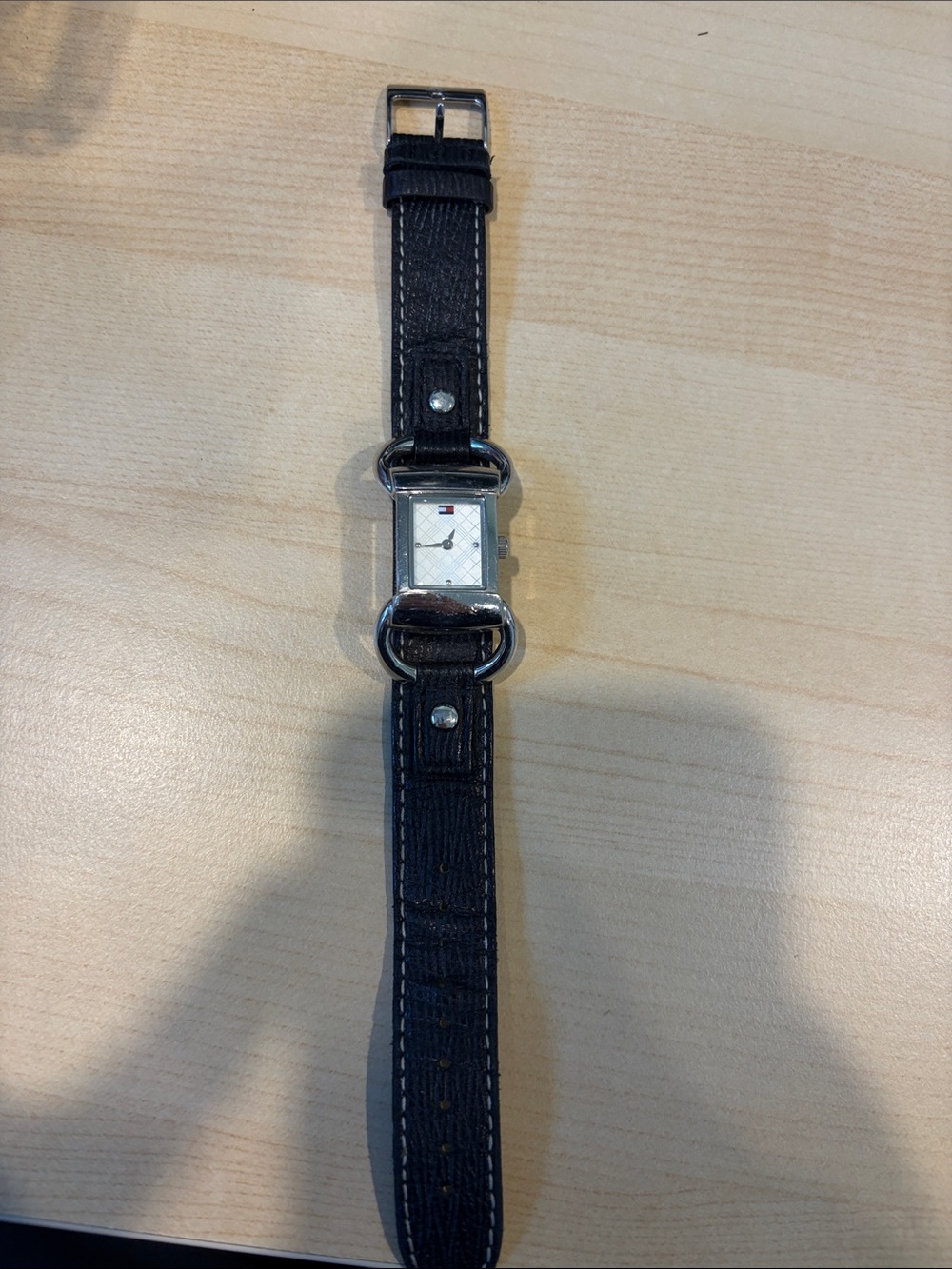 Tommy Hilfiger Black Leather Strap Rectangular Silver-Tone Watch
